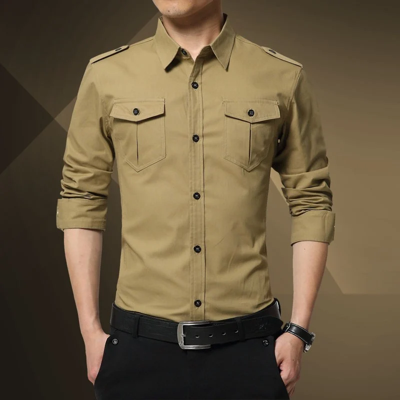 Herren Slim-Fit Baumwoll-Mix Utility-Hemd mit Schulterklappen und Brustpattentaschen Nord Taschen