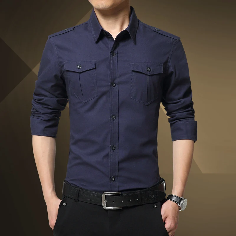 Herren Slim-Fit Baumwoll-Mix Utility-Hemd mit Schulterklappen und Brustpattentaschen Nord Taschen