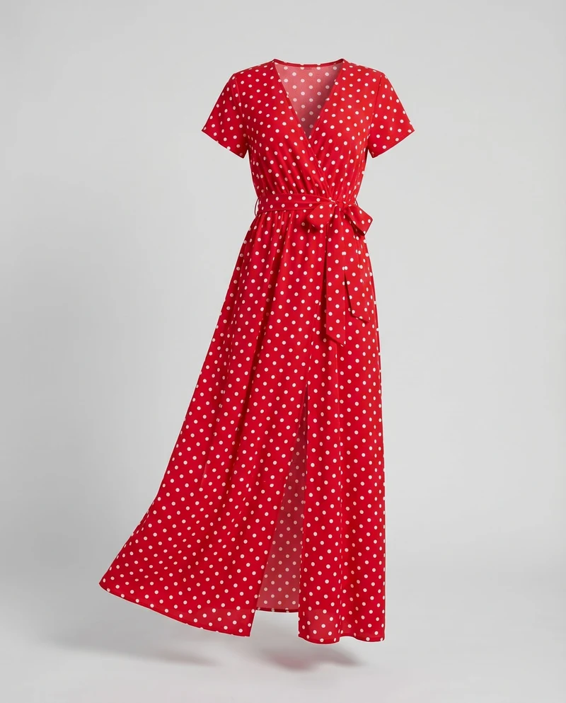Damen Wickel-Maxikleid V-Ausschnitt Beinschlitz Elastik-Taille