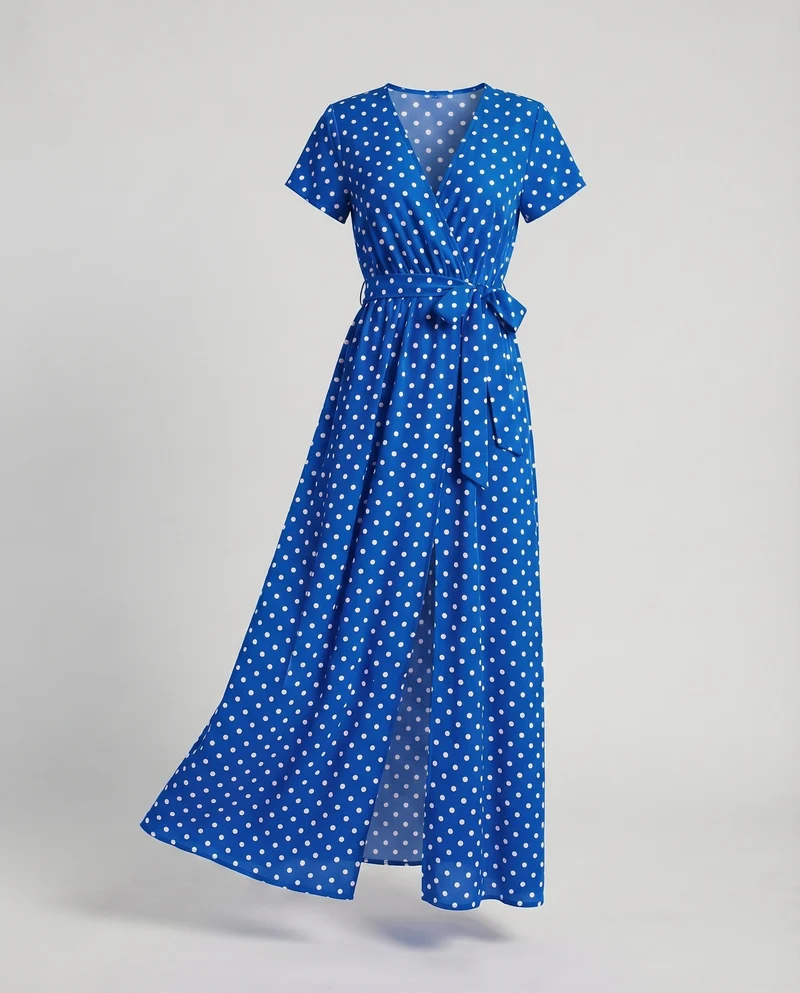 Damen Wickel-Maxikleid V-Ausschnitt Beinschlitz Elastik-Taille