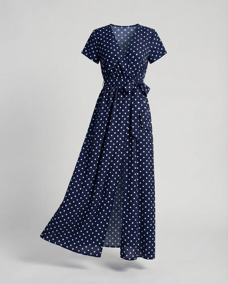 Damen Wickel-Maxikleid V-Ausschnitt Beinschlitz Elastik-Taille