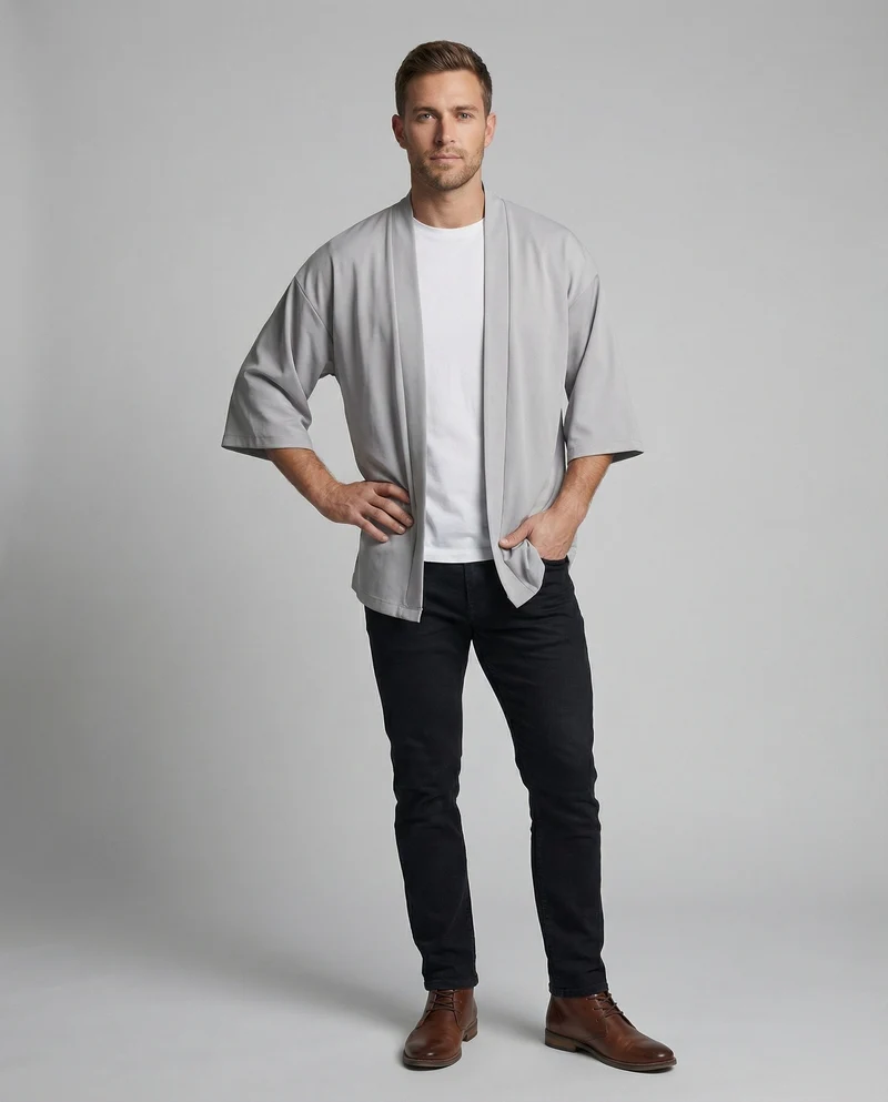 Herren offene weitgeschnittene Kimono-Jacke aus fließendem Jersey mit Seitentaschen und Dreiviertelärmeln Nord Taschen