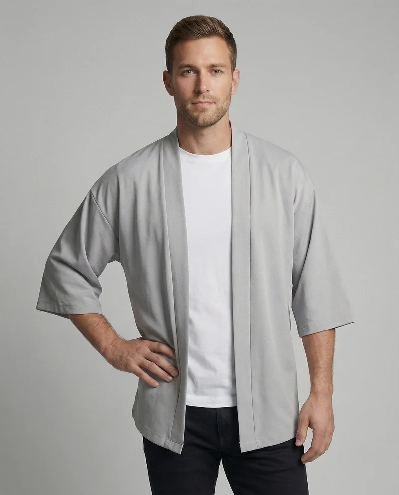 Herren offene weitgeschnittene Kimono-Jacke aus fließendem Jersey mit Seitentaschen und Dreiviertelärmeln Nord Taschen