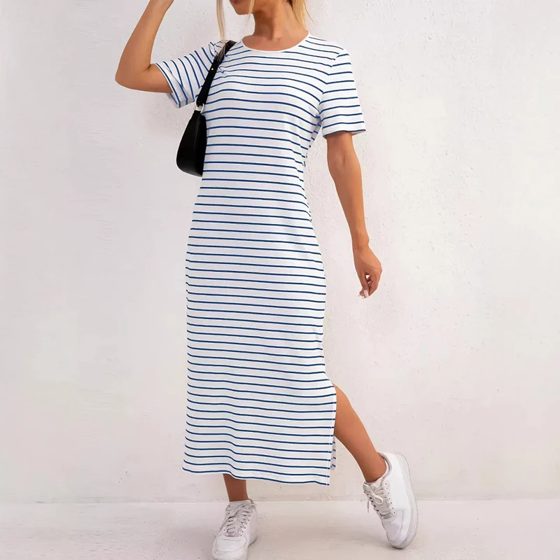 Damen Maxikleid mit seitlichen Schlitzen und gestreiftem Design