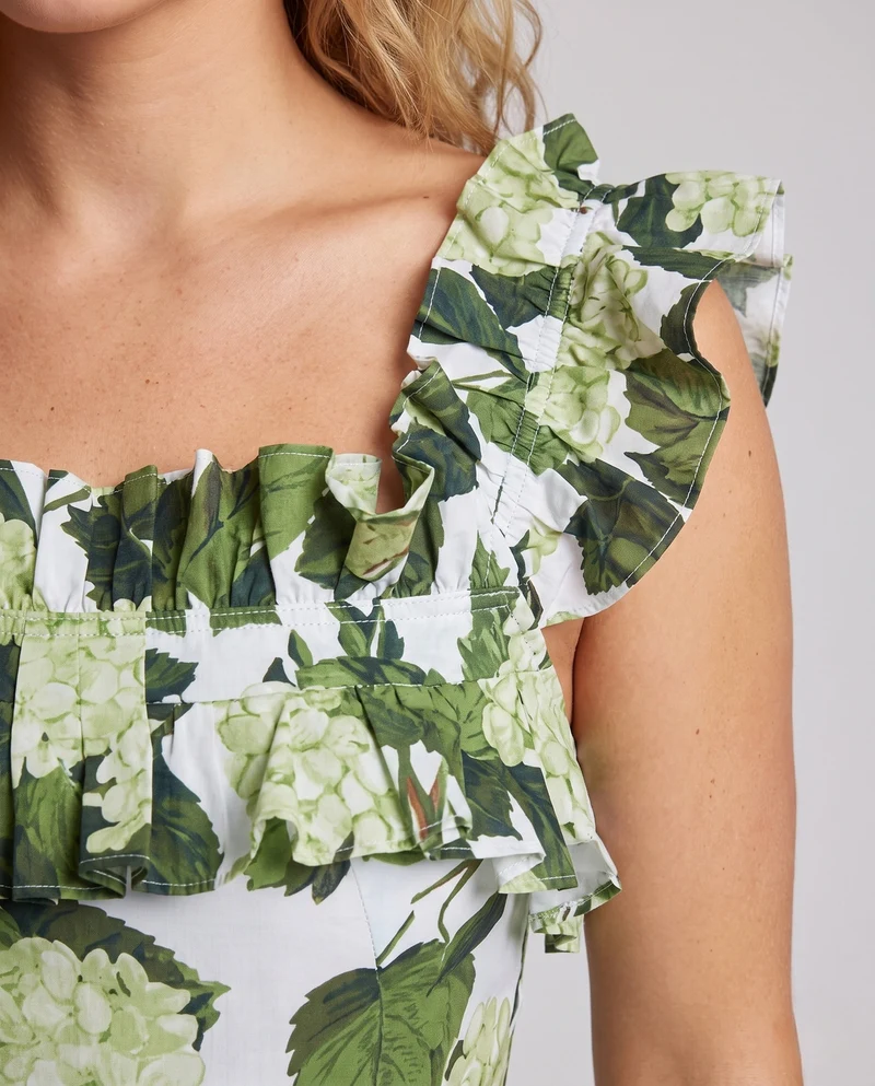 Damen Einteiler Badeanzug mit voluminösen Rüschendetails und floralem Design
