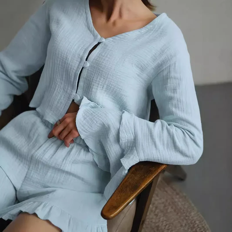Damen Zweiteiliges Crinkle-Lounge-Set mit Volant-Shorts und gestuften Trompetenärmeln Nord Taschen