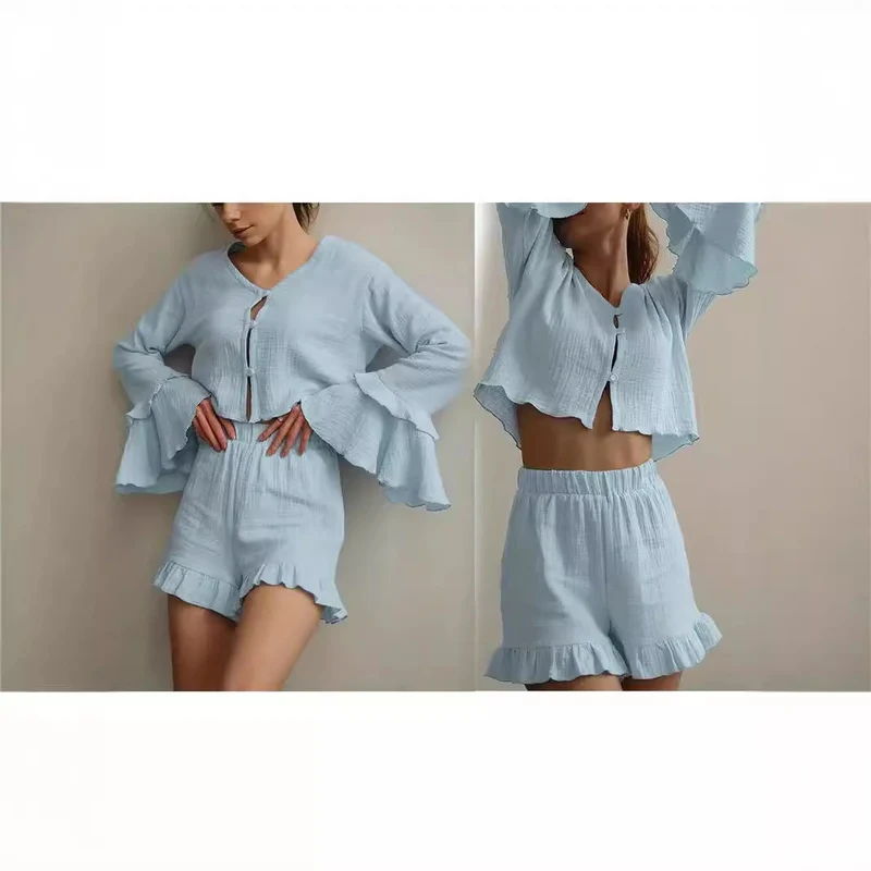 Damen Zweiteiliges Crinkle-Lounge-Set mit Volant-Shorts und gestuften Trompetenärmeln Nord Taschen