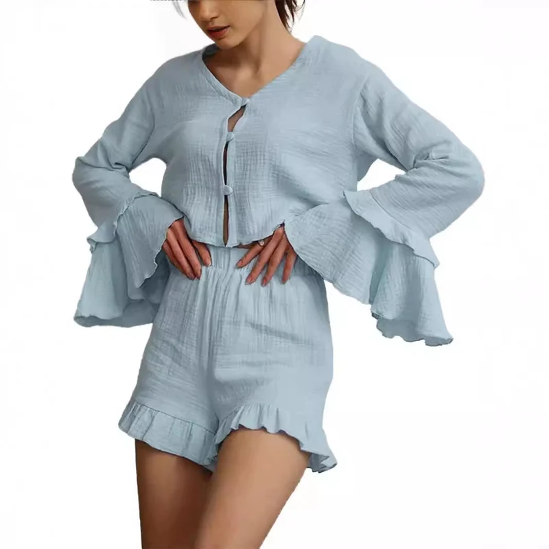 Damen Zweiteiliges Crinkle-Lounge-Set mit Volant-Shorts und gestuften Trompetenärmeln Nord Taschen