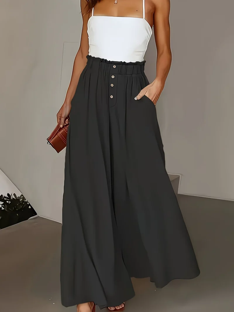 Damen weite Leinenhose mit hohem, gerafftem Bund und Knopfverzierung Nord Taschen