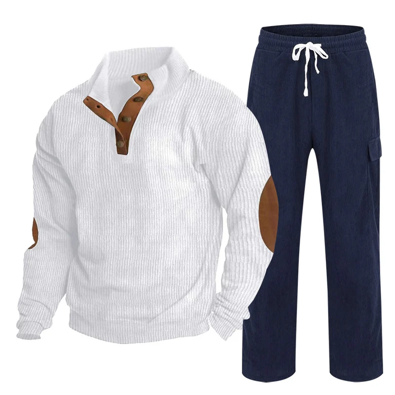 Herren Gemütliches Freizeit-Set aus Waffelstrick-Henley mit Ellenbogenpatch und Relax-Cargo-Hose Nord Taschen