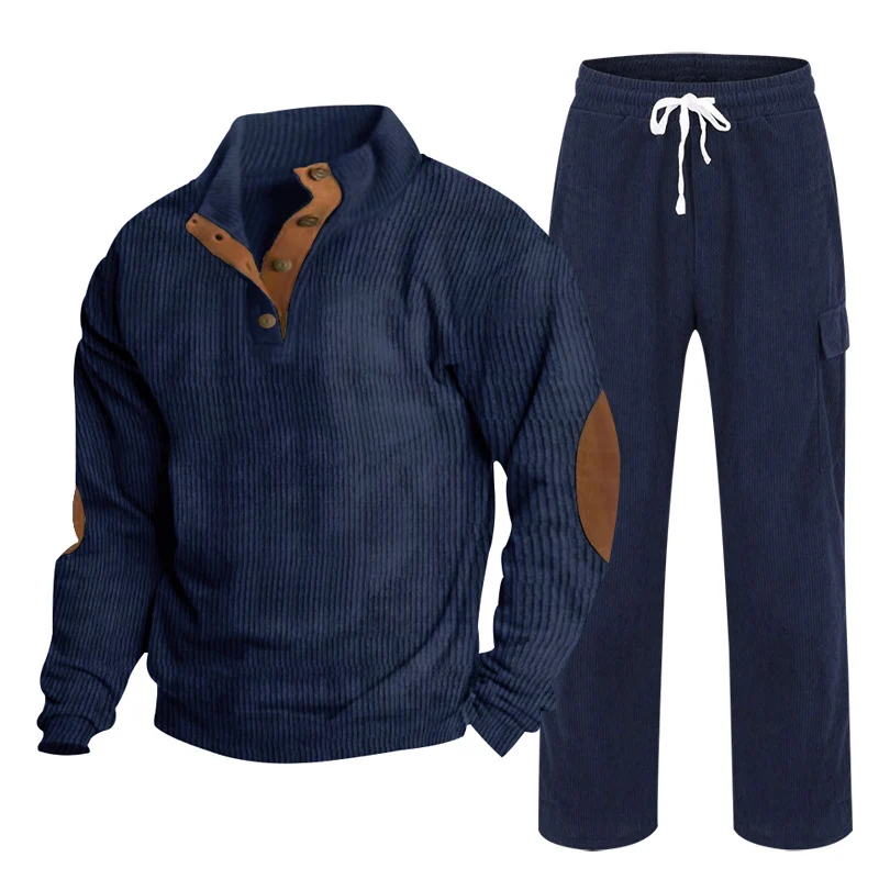 Herren Gemütliches Freizeit-Set aus Waffelstrick-Henley mit Ellenbogenpatch und Relax-Cargo-Hose Nord Taschen