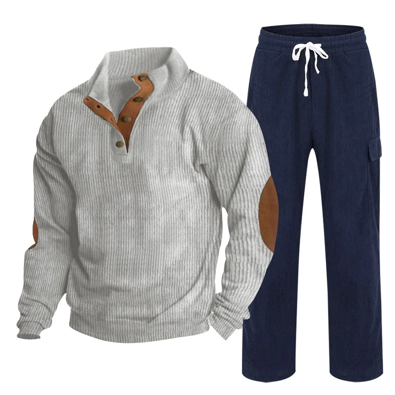 Herren Gemütliches Freizeit-Set aus Waffelstrick-Henley mit Ellenbogenpatch und Relax-Cargo-Hose Nord Taschen