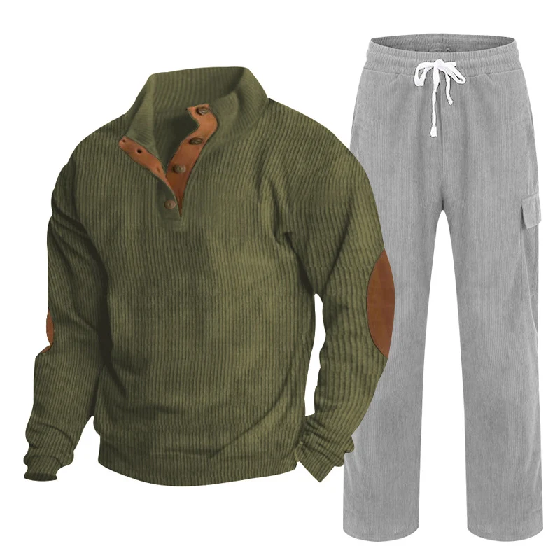 Herren Gemütliches Freizeit-Set aus Waffelstrick-Henley mit Ellenbogenpatch und Relax-Cargo-Hose Nord Taschen