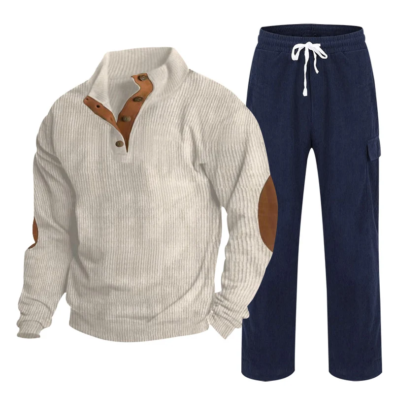 Herren Gemütliches Freizeit-Set aus Waffelstrick-Henley mit Ellenbogenpatch und Relax-Cargo-Hose Nord Taschen