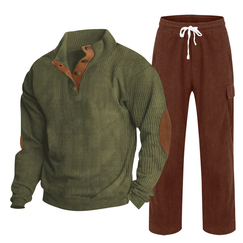 Herren Gemütliches Freizeit-Set aus Waffelstrick-Henley mit Ellenbogenpatch und Relax-Cargo-Hose Nord Taschen
