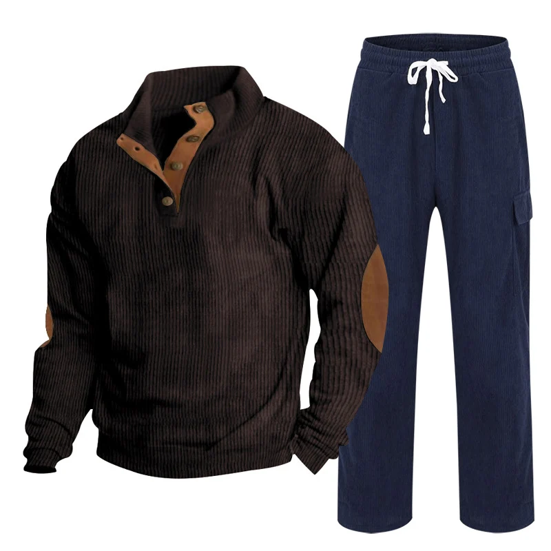 Herren Gemütliches Freizeit-Set aus Waffelstrick-Henley mit Ellenbogenpatch und Relax-Cargo-Hose Nord Taschen