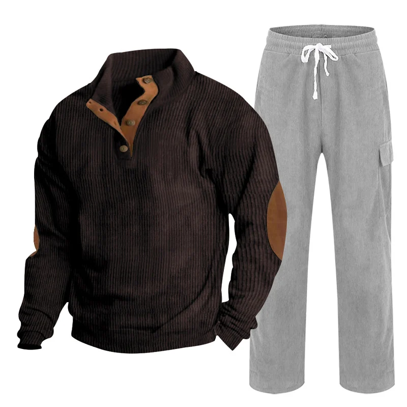 Herren Gemütliches Freizeit-Set aus Waffelstrick-Henley mit Ellenbogenpatch und Relax-Cargo-Hose Nord Taschen