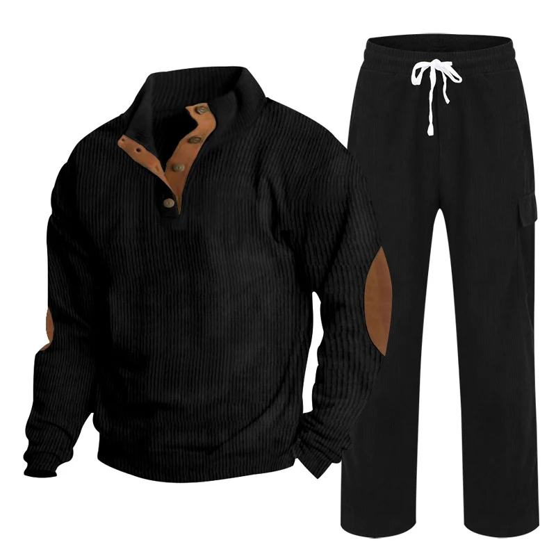 Herren Gemütliches Freizeit-Set aus Waffelstrick-Henley mit Ellenbogenpatch und Relax-Cargo-Hose Nord Taschen