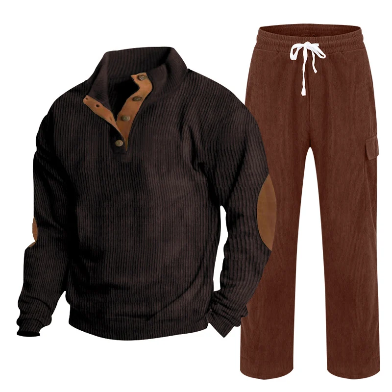 Herren Gemütliches Freizeit-Set aus Waffelstrick-Henley mit Ellenbogenpatch und Relax-Cargo-Hose Nord Taschen