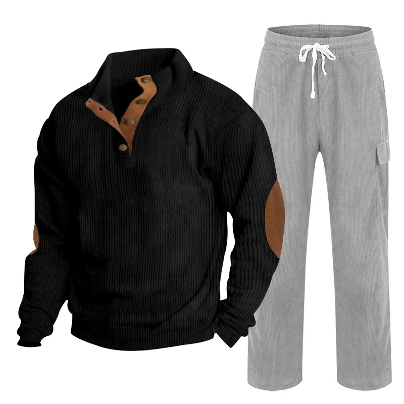 Herren Gemütliches Freizeit-Set aus Waffelstrick-Henley mit Ellenbogenpatch und Relax-Cargo-Hose Nord Taschen