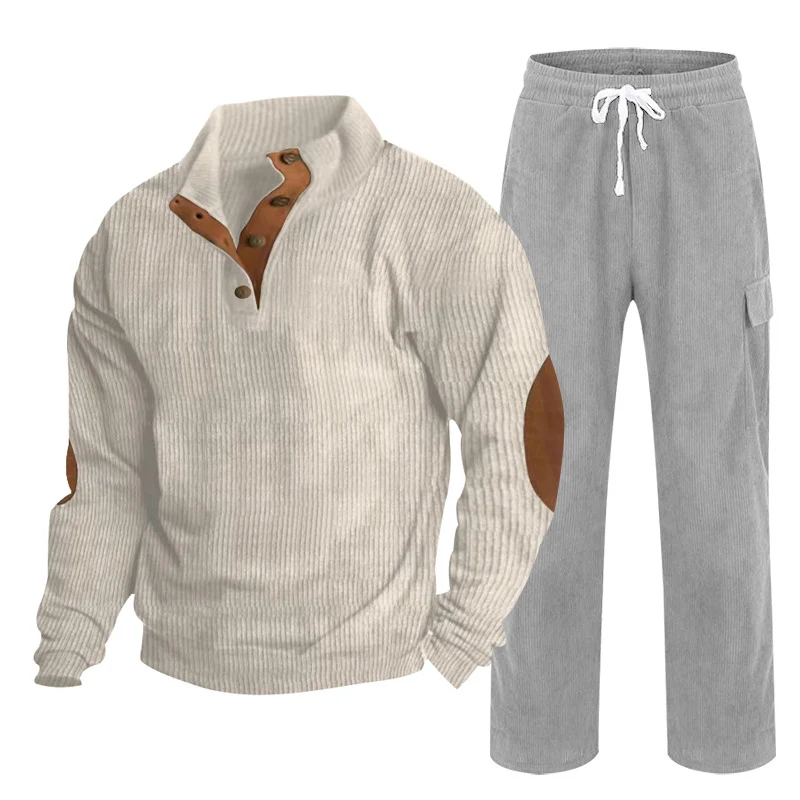 Herren Gemütliches Freizeit-Set aus Waffelstrick-Henley mit Ellenbogenpatch und Relax-Cargo-Hose Nord Taschen