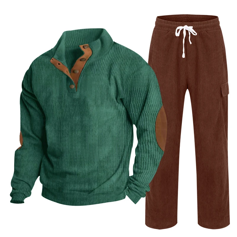 Herren Gemütliches Freizeit-Set aus Waffelstrick-Henley mit Ellenbogenpatch und Relax-Cargo-Hose Nord Taschen