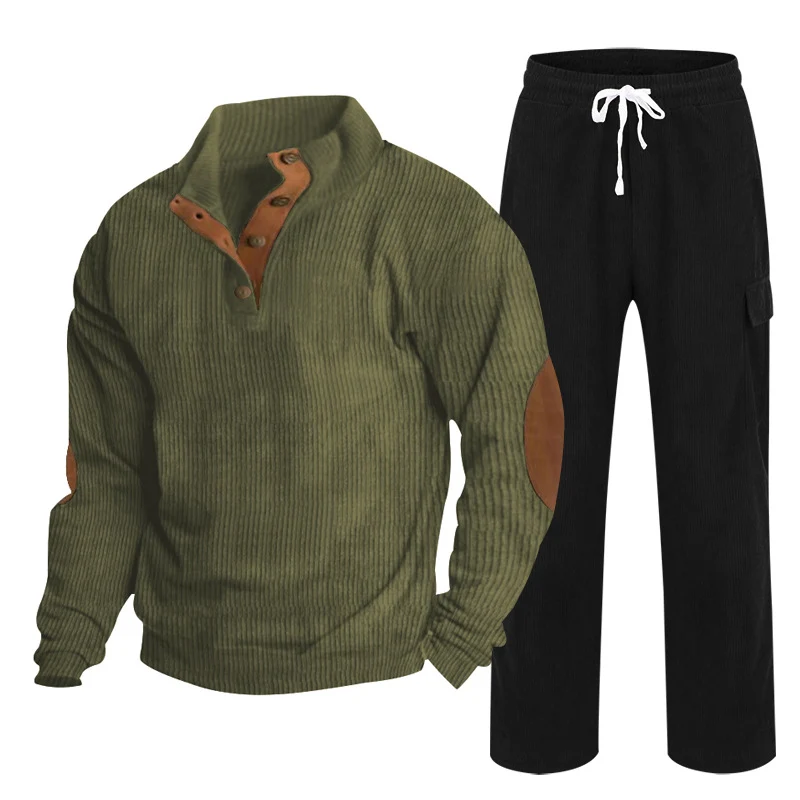 Herren Gemütliches Freizeit-Set aus Waffelstrick-Henley mit Ellenbogenpatch und Relax-Cargo-Hose Nord Taschen