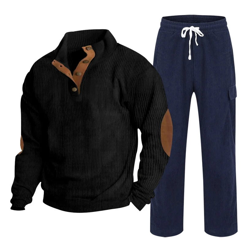 Herren Gemütliches Freizeit-Set aus Waffelstrick-Henley mit Ellenbogenpatch und Relax-Cargo-Hose Nord Taschen