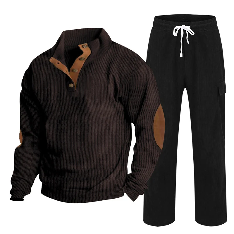 Herren Gemütliches Freizeit-Set aus Waffelstrick-Henley mit Ellenbogenpatch und Relax-Cargo-Hose Nord Taschen