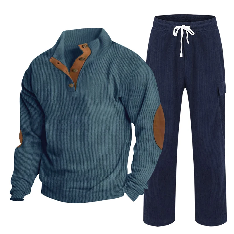 Herren Gemütliches Freizeit-Set aus Waffelstrick-Henley mit Ellenbogenpatch und Relax-Cargo-Hose Nord Taschen