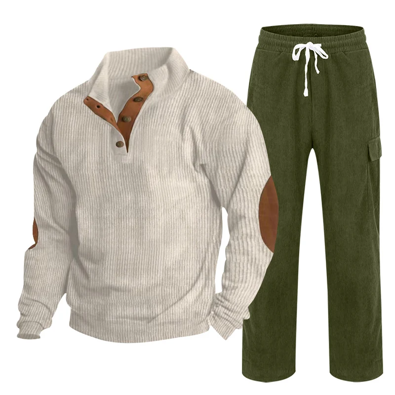 Herren Gemütliches Freizeit-Set aus Waffelstrick-Henley mit Ellenbogenpatch und Relax-Cargo-Hose Nord Taschen