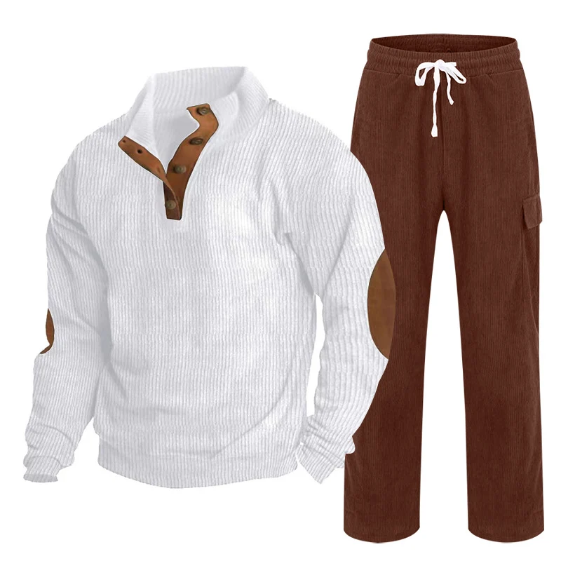 Herren Gemütliches Freizeit-Set aus Waffelstrick-Henley mit Ellenbogenpatch und Relax-Cargo-Hose Nord Taschen