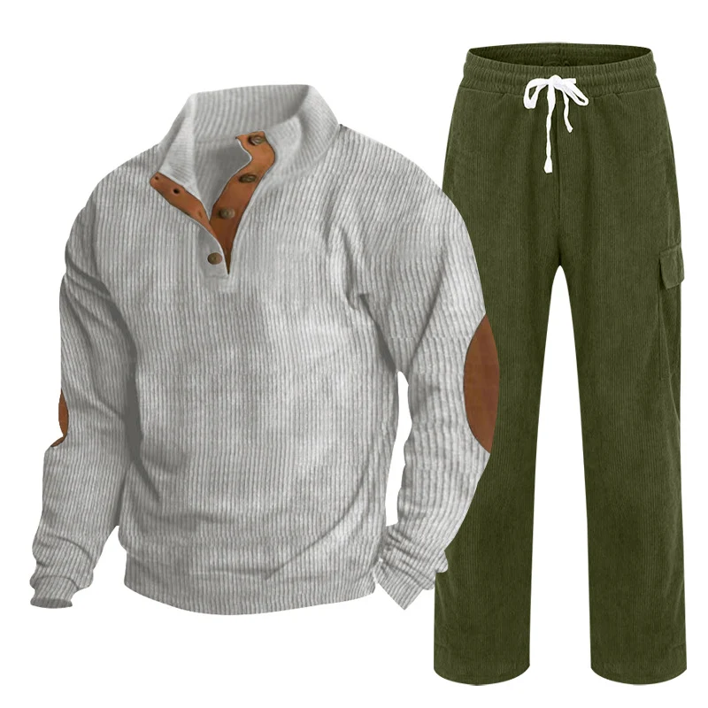 Herren Gemütliches Freizeit-Set aus Waffelstrick-Henley mit Ellenbogenpatch und Relax-Cargo-Hose Nord Taschen