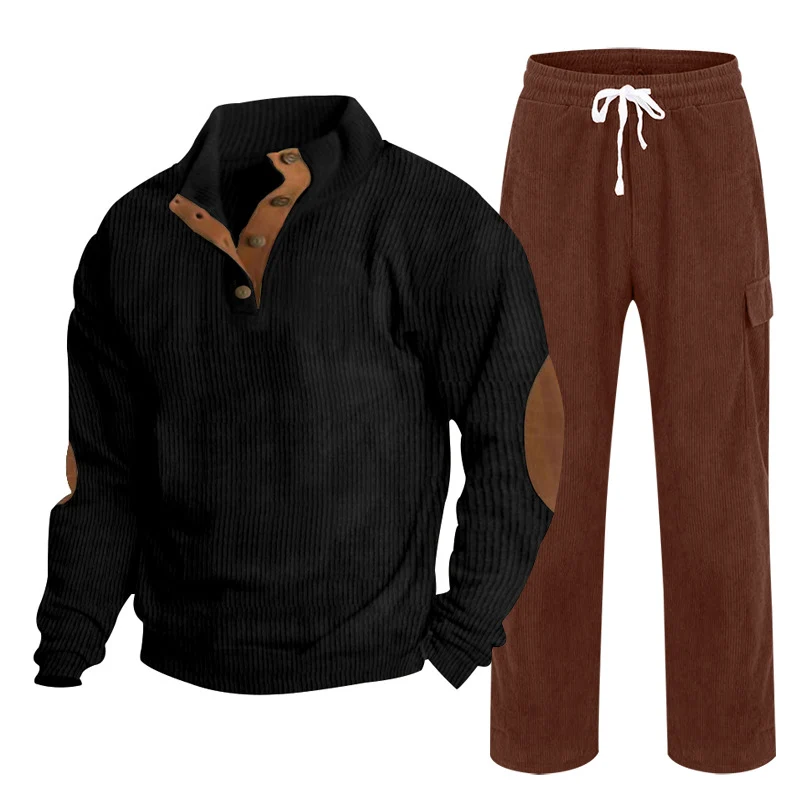 Herren Gemütliches Freizeit-Set aus Waffelstrick-Henley mit Ellenbogenpatch und Relax-Cargo-Hose Nord Taschen