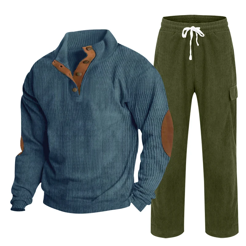 Herren Gemütliches Freizeit-Set aus Waffelstrick-Henley mit Ellenbogenpatch und Relax-Cargo-Hose Nord Taschen
