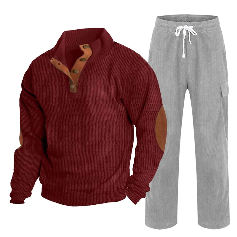 Herren Gemütliches Freizeit-Set aus Waffelstrick-Henley mit Ellenbogenpatch und Relax-Cargo-Hose Nord Taschen