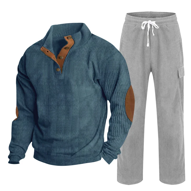 Herren Gemütliches Freizeit-Set aus Waffelstrick-Henley mit Ellenbogenpatch und Relax-Cargo-Hose Nord Taschen