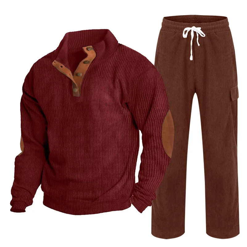 Herren Gemütliches Freizeit-Set aus Waffelstrick-Henley mit Ellenbogenpatch und Relax-Cargo-Hose Nord Taschen