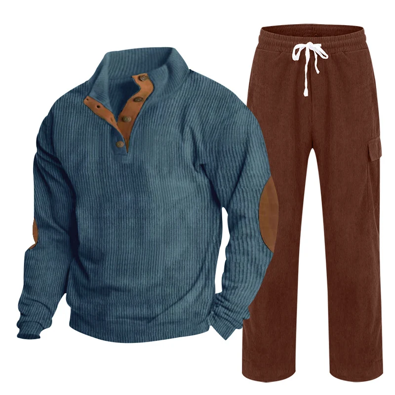 Herren Gemütliches Freizeit-Set aus Waffelstrick-Henley mit Ellenbogenpatch und Relax-Cargo-Hose Nord Taschen