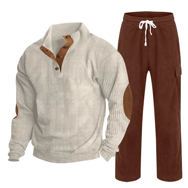 Herren Gemütliches Freizeit-Set aus Waffelstrick-Henley mit Ellenbogenpatch und Relax-Cargo-Hose Nord Taschen