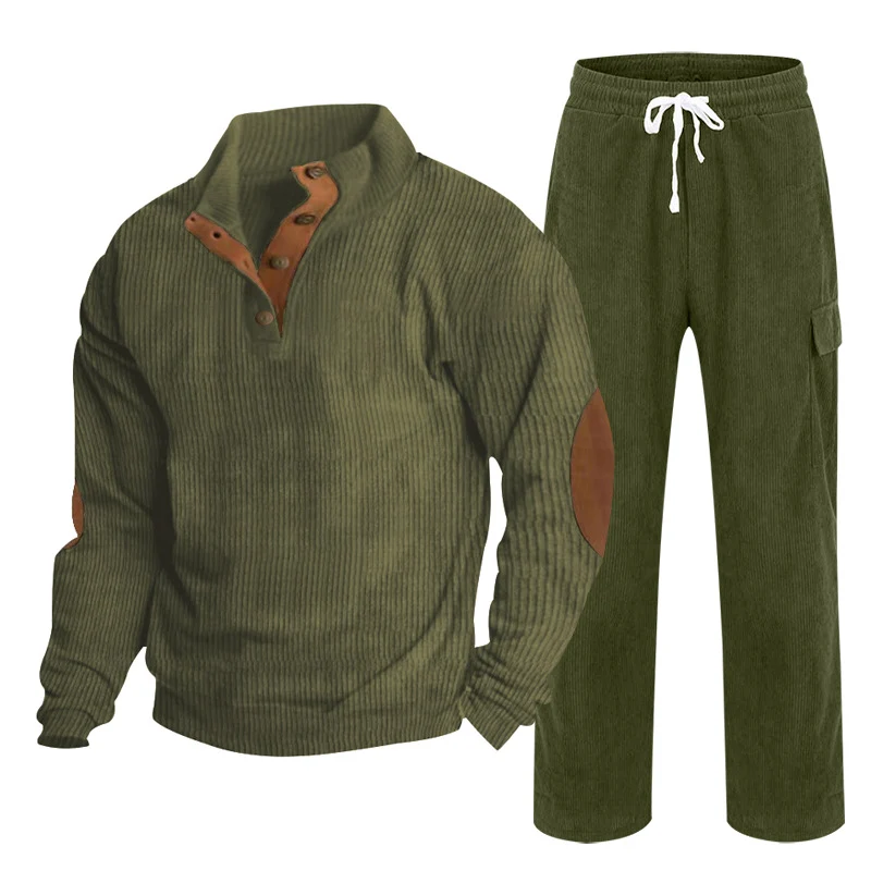 Herren Gemütliches Freizeit-Set aus Waffelstrick-Henley mit Ellenbogenpatch und Relax-Cargo-Hose Nord Taschen