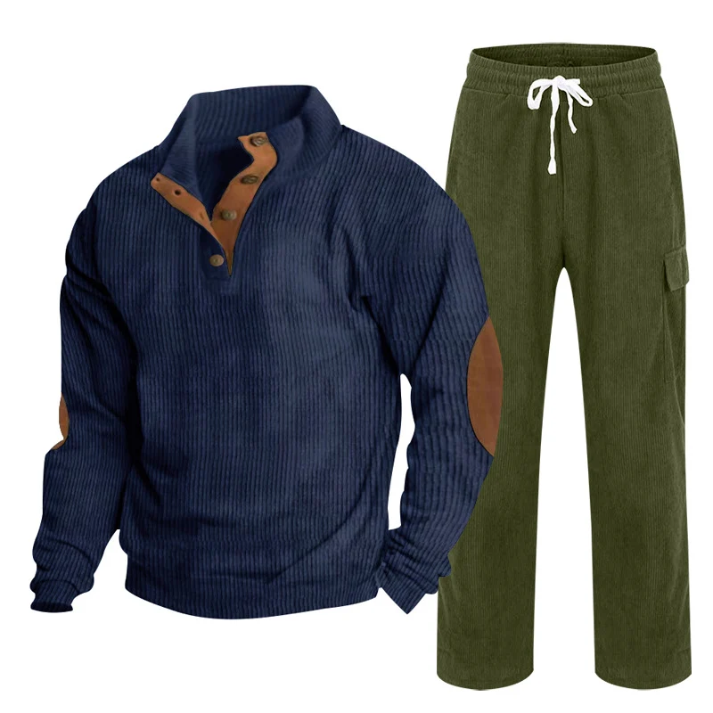 Herren Gemütliches Freizeit-Set aus Waffelstrick-Henley mit Ellenbogenpatch und Relax-Cargo-Hose Nord Taschen