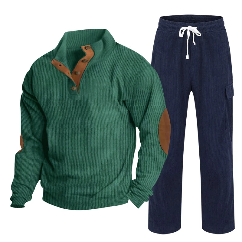 Herren Gemütliches Freizeit-Set aus Waffelstrick-Henley mit Ellenbogenpatch und Relax-Cargo-Hose Nord Taschen