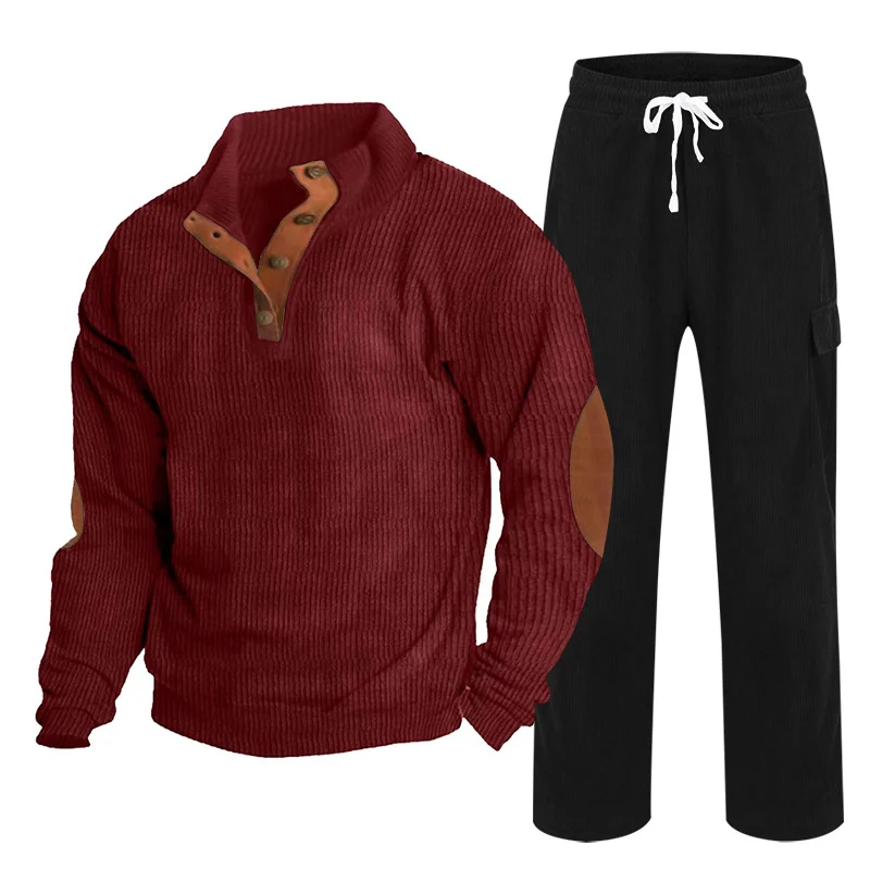 Herren Gemütliches Freizeit-Set aus Waffelstrick-Henley mit Ellenbogenpatch und Relax-Cargo-Hose Nord Taschen
