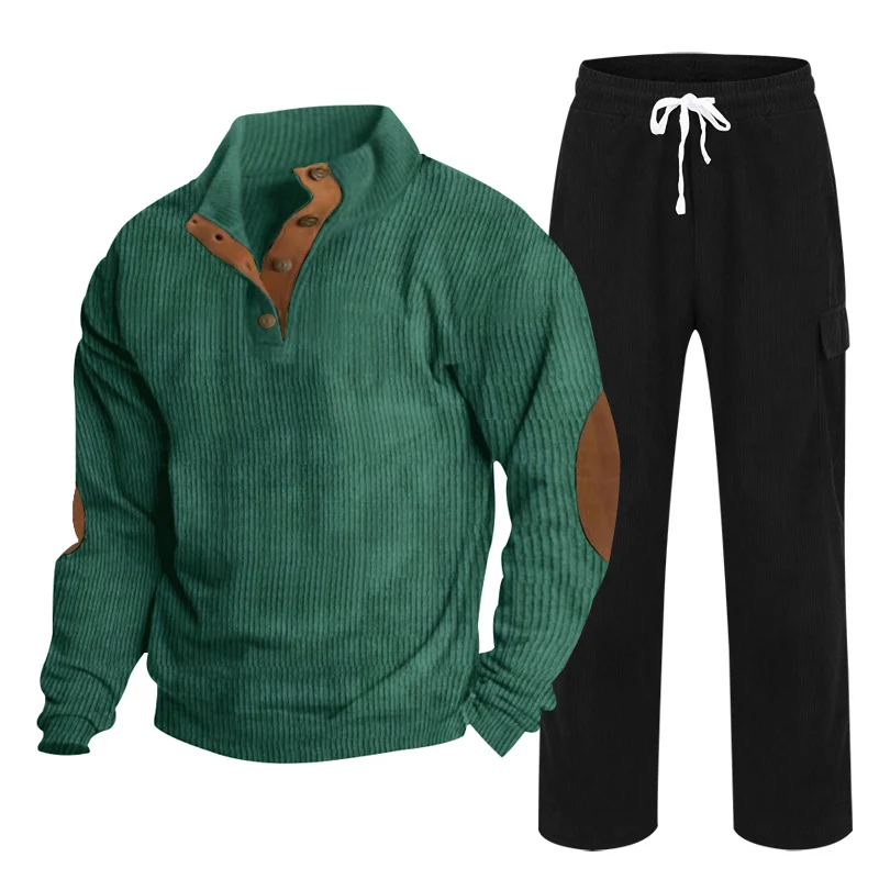 Herren Gemütliches Freizeit-Set aus Waffelstrick-Henley mit Ellenbogenpatch und Relax-Cargo-Hose Nord Taschen