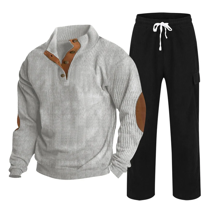 Herren Gemütliches Freizeit-Set aus Waffelstrick-Henley mit Ellenbogenpatch und Relax-Cargo-Hose Nord Taschen