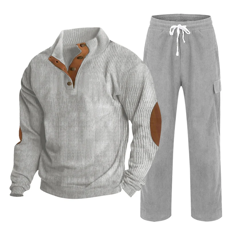 Herren Gemütliches Freizeit-Set aus Waffelstrick-Henley mit Ellenbogenpatch und Relax-Cargo-Hose Nord Taschen