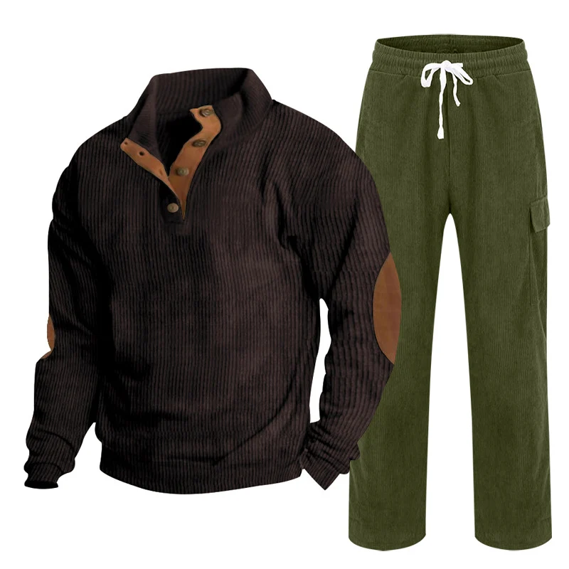 Herren Gemütliches Freizeit-Set aus Waffelstrick-Henley mit Ellenbogenpatch und Relax-Cargo-Hose Nord Taschen