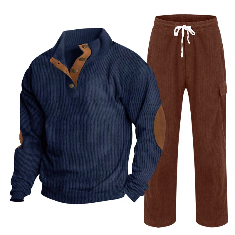 Herren Gemütliches Freizeit-Set aus Waffelstrick-Henley mit Ellenbogenpatch und Relax-Cargo-Hose Nord Taschen
