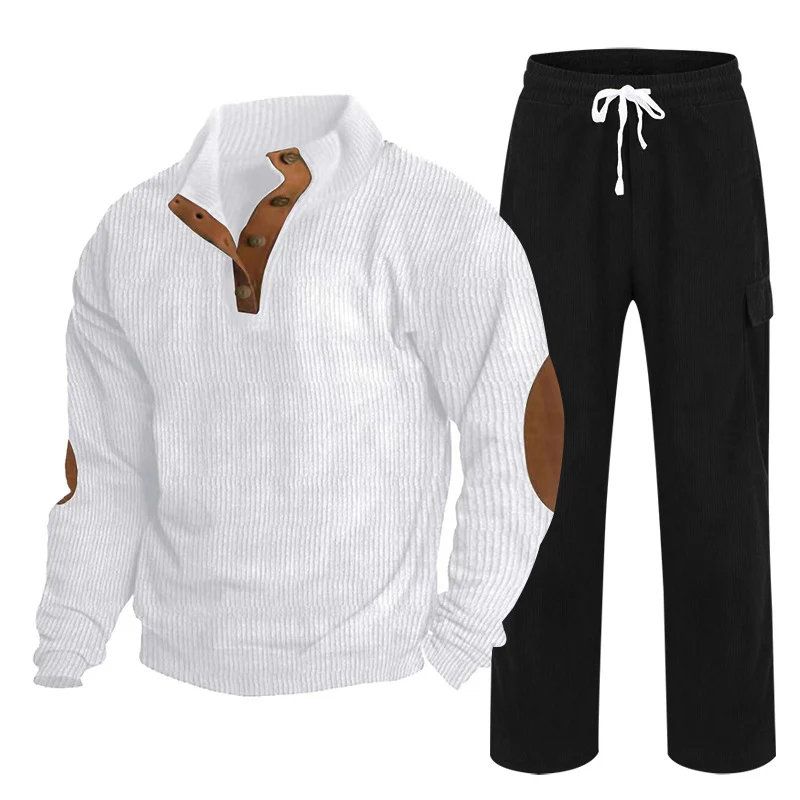 Herren Gemütliches Freizeit-Set aus Waffelstrick-Henley mit Ellenbogenpatch und Relax-Cargo-Hose Nord Taschen